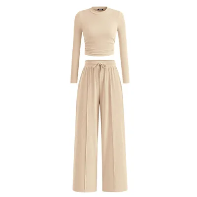 Rib Knitted Long Sleeve Short Top Wide Leg Pants Casual Suit Apricot - Shop at LoveMi