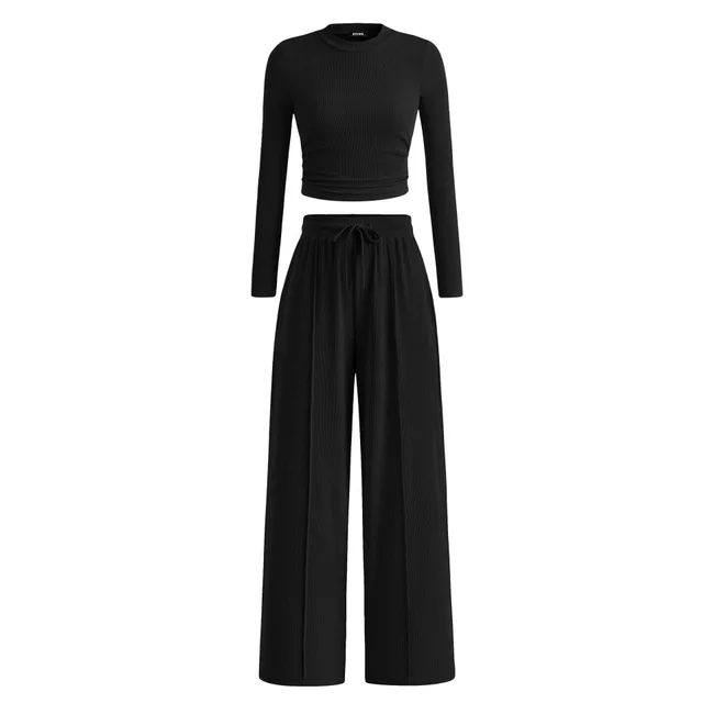Rib Knitted Long Sleeve Short Top Wide Leg Pants Casual Suit Black - Shop at LoveMi