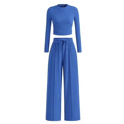 Rib Knitted Long Sleeve Short Top Wide Leg Pants Casual Suit Blue - Shop at LoveMi