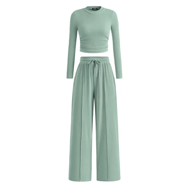 Rib Knitted Long Sleeve Short Top Wide Leg Pants Casual Suit Mint Green - Shop at LoveMi