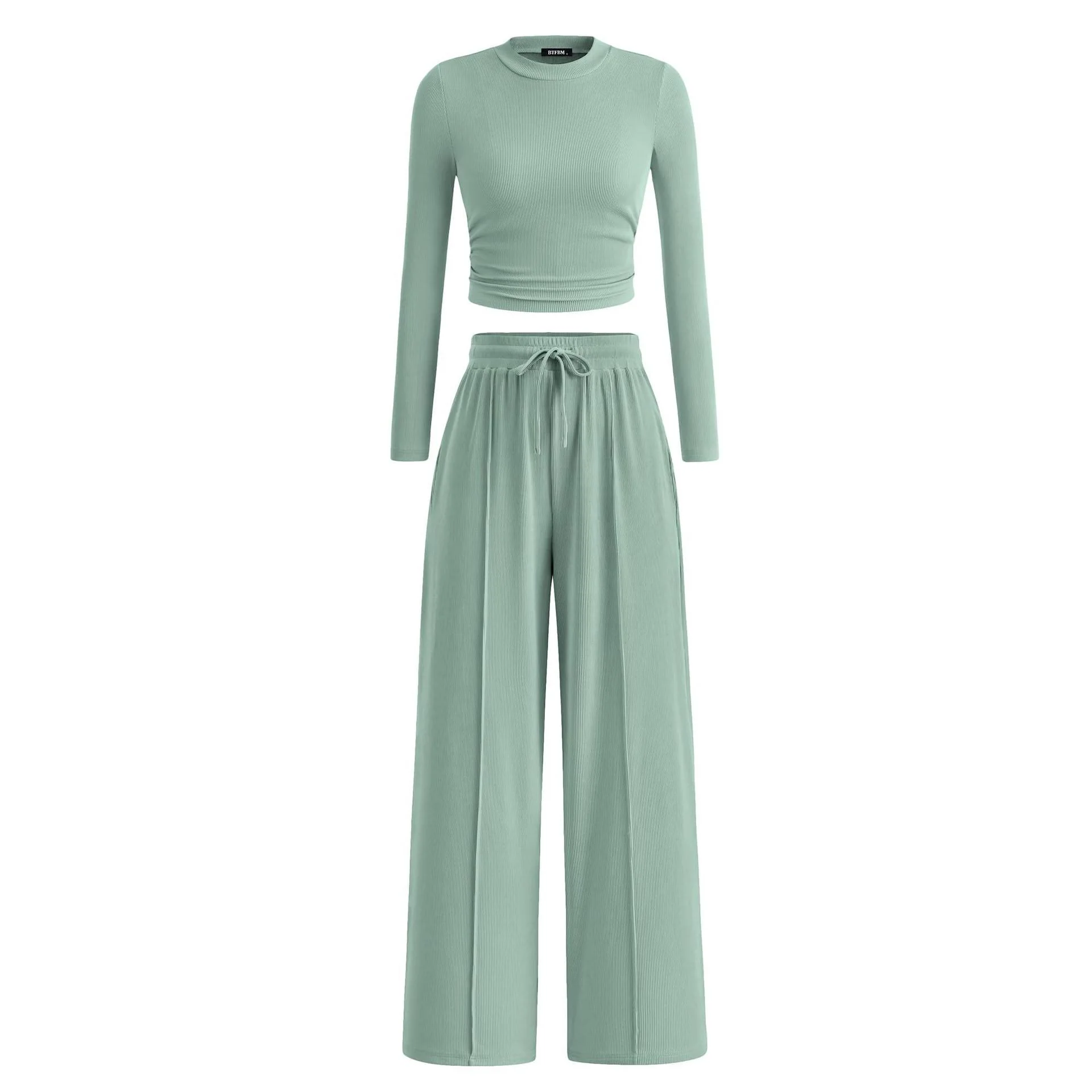 Rib Knitted Long Sleeve Short Top Wide Leg Pants Casual Suit - Mint Green