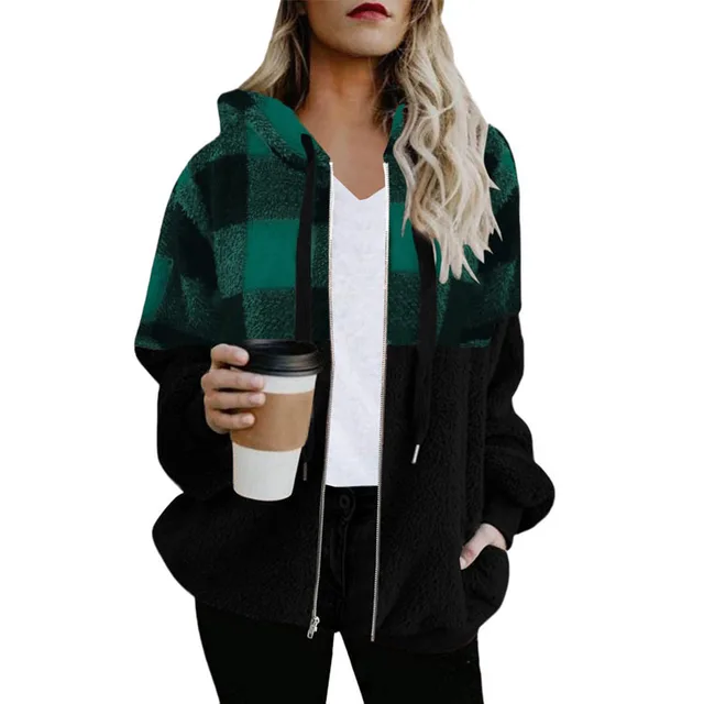 Plaid Color Matching Plush Hooded Sweater Zipper Jacket Green Grid - Shop at LoveMi