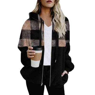 Plaid Color Matching Plush Hooded Sweater Zipper Jacket Pink And Black Plaid - Shop at LoveMi