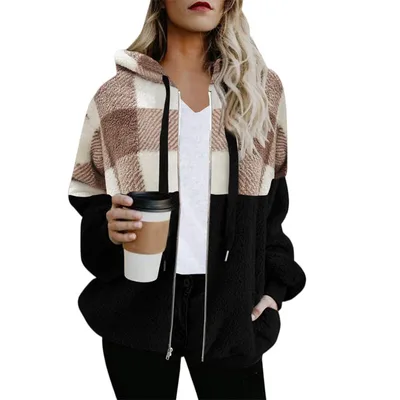 Plaid Color Matching Plush Hooded Sweater Zipper Jacket Pink And White Plaid - Shop at LoveMi