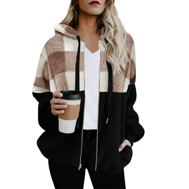 Plaid Color Matching Plush Hooded Sweater Zipper Jacket Pink And White Plaid - Shop at LoveMi