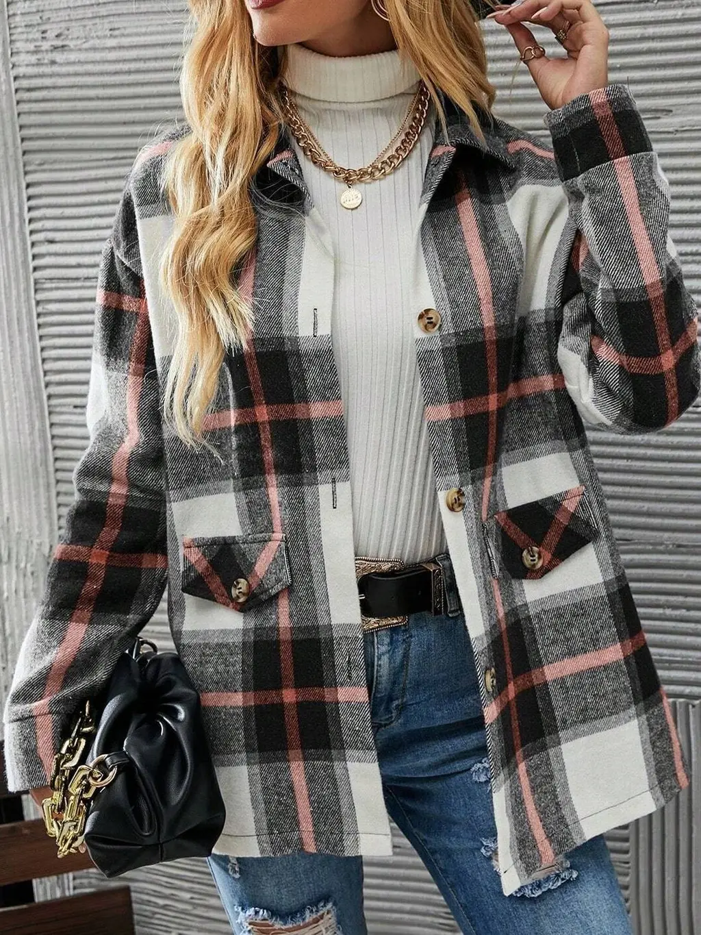Autumn Winter Women's Wear Drop-shoulder Long-sleeve Lapel Loose Plaid Casual Shirt Coat - Orange Red