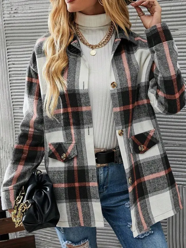 Autumn Winter Women's Wear Drop shoulder Long sleeve Lapel Loose Plaid Casual Shirt Coat Orange Red - Shop at LoveMi