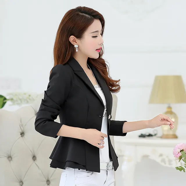 Women's Solid Color Korean Style Slim Fit Ruffled Coat Black - Shop at LoveMi