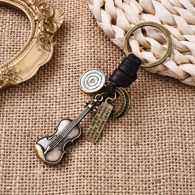 Simple Personality Vintage Guitar Keychain Cowhide Woven Charm Music Lovers Style 2 - Shop at LoveMi