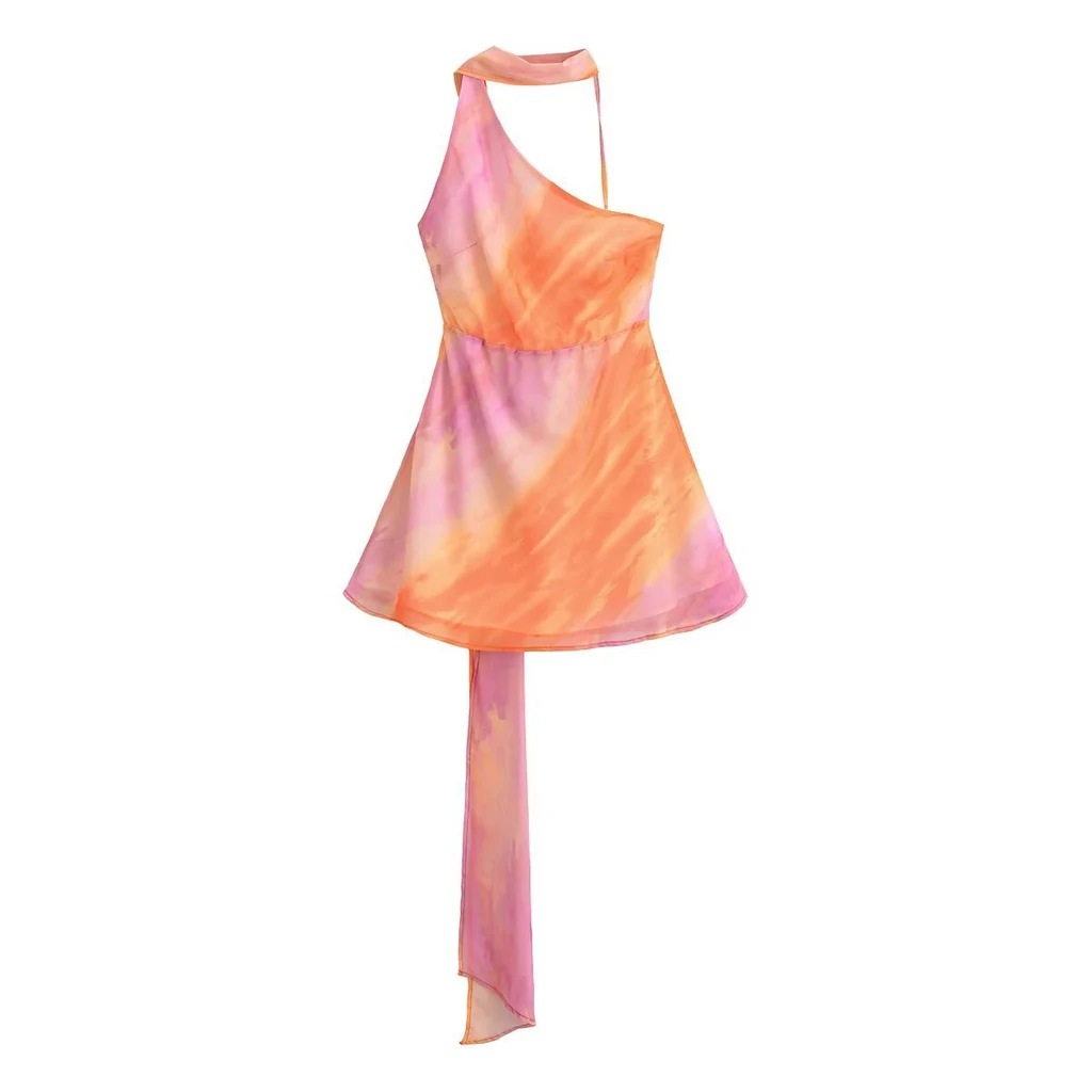 Dopamine Rainbow Backless Streamer Halter Dress - Orange