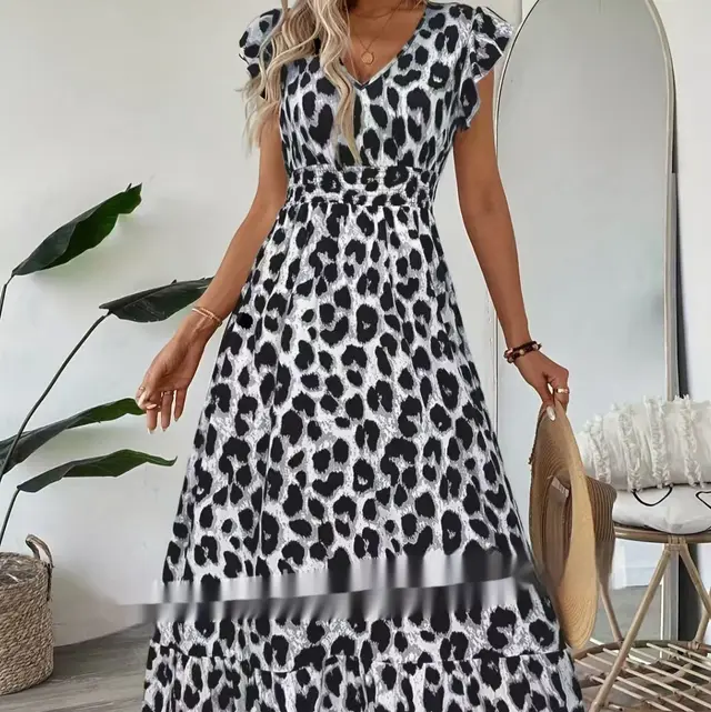 Vacation Style Printed V neck Large Swing Dress Gray Leopard Print - Shop at LoveMi