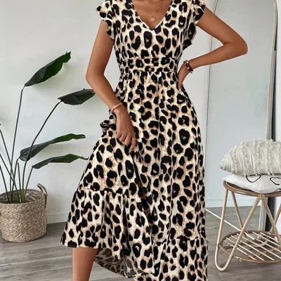 Vacation Style Printed V neck Large Swing Dress Khaki Leopard Print - Shop at LoveMi