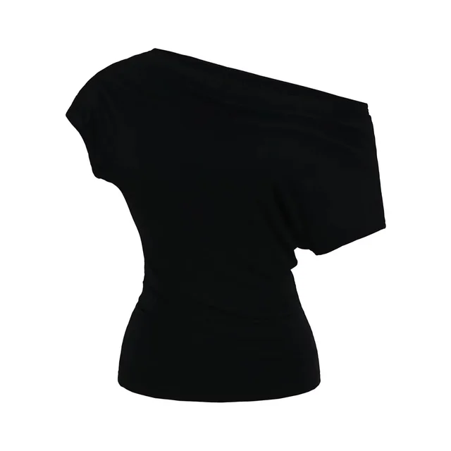 Design Temperament Oblique Shoulder Pleated Waist Tight Sexy Short Sleeve Black - Shop at LoveMi
