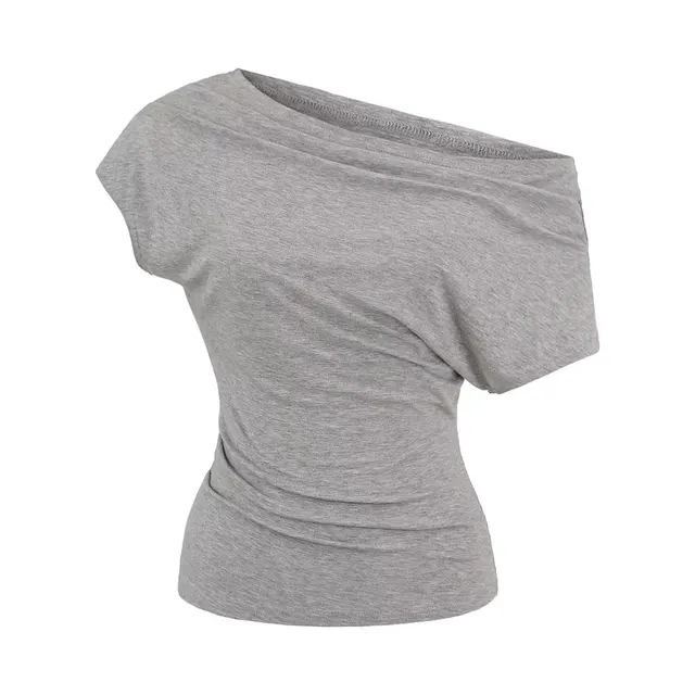 Design Temperament Oblique Shoulder Pleated Waist Tight Sexy Short Sleeve Light Gray - Shop at LoveMi