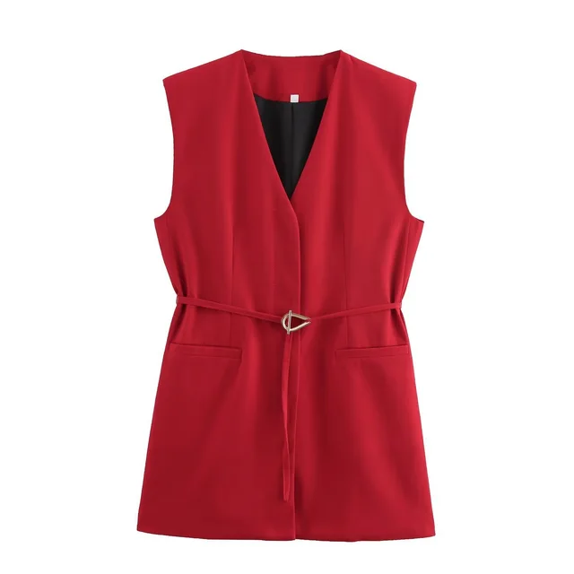 Women's Clothing Slit Design With Belt Vest Pants Suit Red - Shop at LoveMi