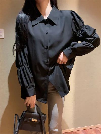 French Style Retro Design Niche Chic Bubble Long Sleeve Tops Shirt Female Black - Shop at LoveMi