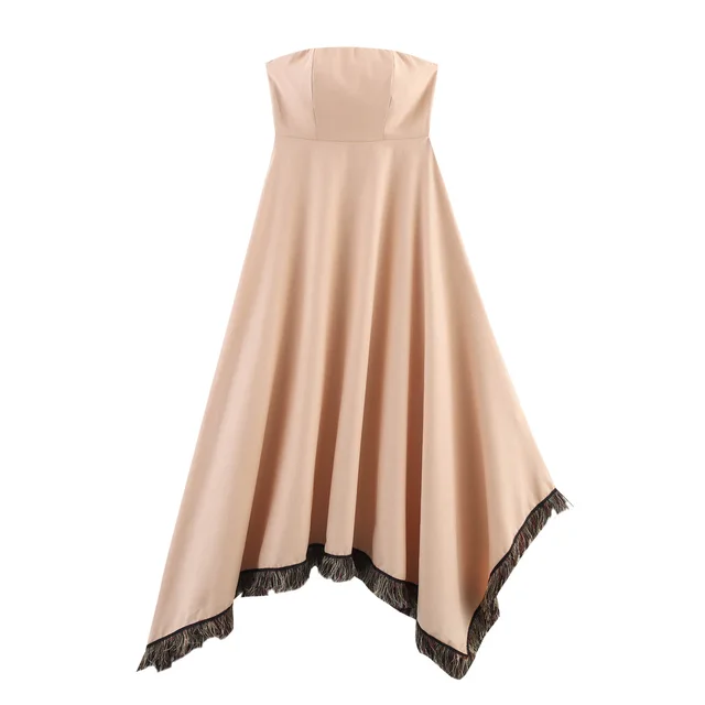 French Fashion Solid Color Tassel Decoration Irregular Tube Top Dress Light Brown - Shop at LoveMi