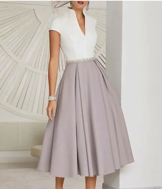 Women's A Line White Color block V Neck Large Swing Dress Pink - Shop at LoveMi