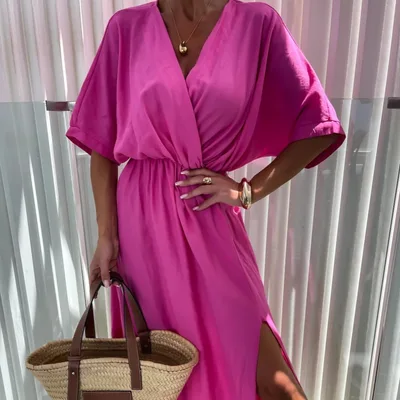 Solid Color And V neck Chest wrapped Dress 5 point Sleeve Vacation Style Pink - Shop at LoveMi