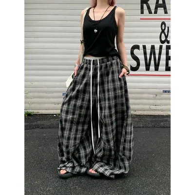 American Idle Style Plaid Pants Men's And Women's Jazz Dance Double Waist Head Stitching Black - Shop at LoveMi