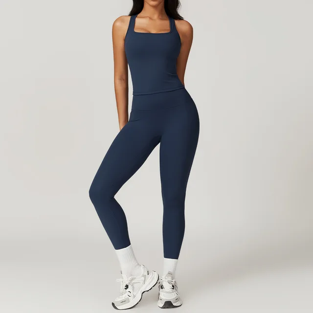 Skinny Yoga Clothes Women's Quick drying High Waist Hip Lift Sports Suit Vest Trousers Blue - Shop at LoveMi