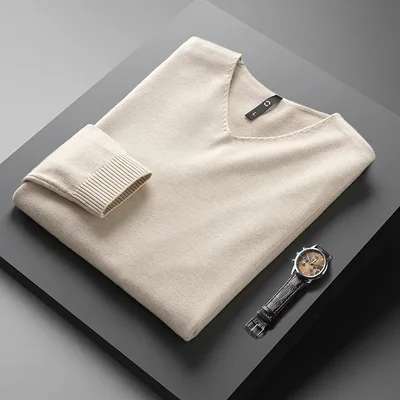 Men's Solid Color And V neck Sweater Men's Autumn And Winter Beige - Shop at LoveMi