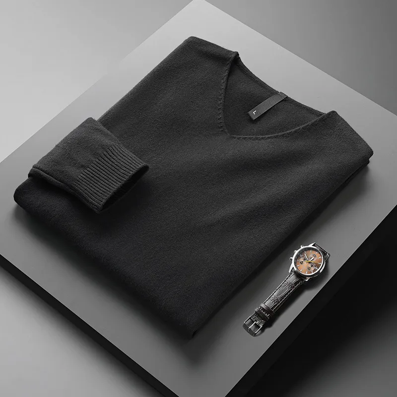 Men's Solid Color And V-neck Sweater Men's Autumn And Winter - Black - View 1
