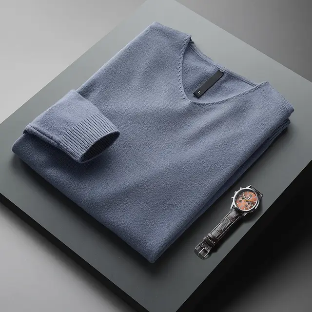 Men's Solid Color And V neck Sweater Men's Autumn And Winter Blue - Shop at LoveMi