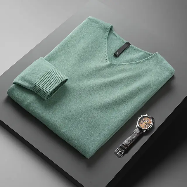 Men's Solid Color And V neck Sweater Men's Autumn And Winter Green - Shop at LoveMi