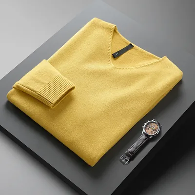 Men's Solid Color And V neck Sweater Men's Autumn And Winter Yellow - Shop at LoveMi