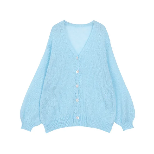 Solid Color And V neck Knitted Solid Color Casual Cardigan Button Top Coat Light Blue - Shop at LoveMi