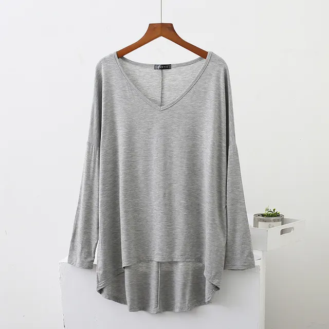 Loose Modal Batwing Shirt Plus Size V neck Long Sleeve Gray - Shop at LoveMi