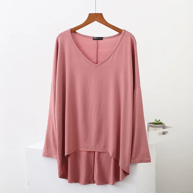 Loose Modal Batwing Shirt Plus Size V neck Long Sleeve Pink - Shop at LoveMi