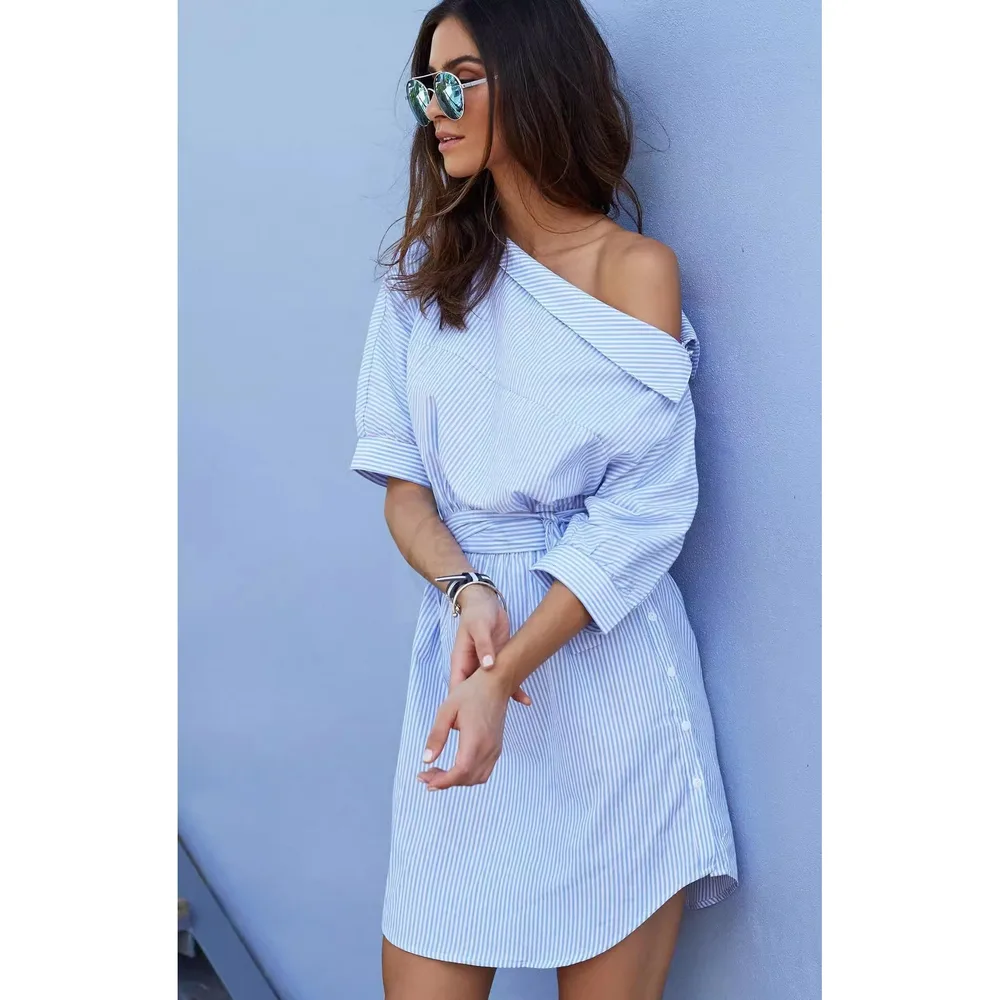 Striped No Elastic Waist Tight Slimming Short Sleeve Dress Blue - Shop at LoveMi