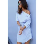 Striped No Elastic Waist Tight Slimming Short Sleeve Dress - Blue