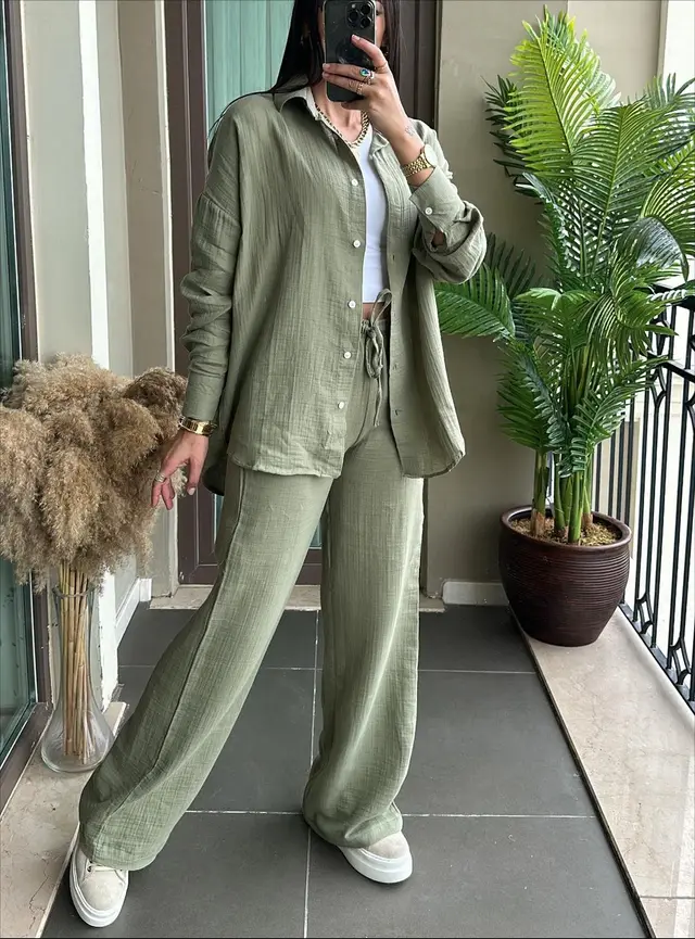 Long Sleeve Shirt Loose Two piece Pants Army Green - Shop at LoveMi