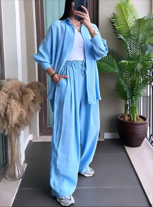 Long Sleeve Shirt Loose Two piece Pants Light Blue - Shop at LoveMi