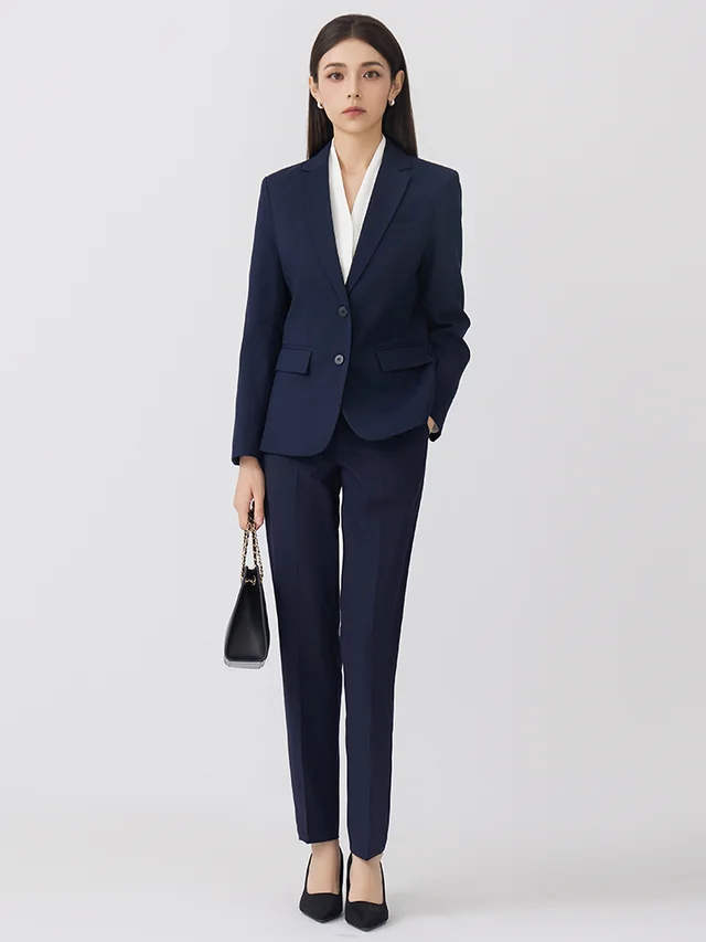 Two Button Slim Fit Non Ironing Formal Suit Set Navy Blue Pants Set - Shop at LoveMi