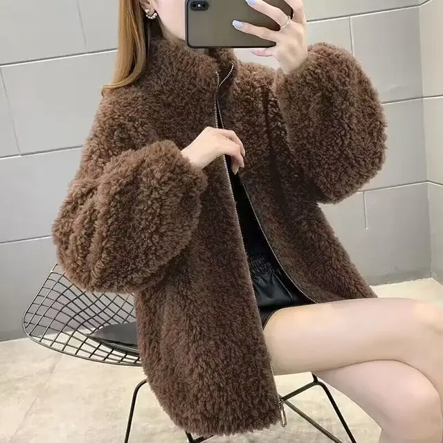 Berber Fleece Coat Women's Thickened Short One Dark Brown - Shop at LoveMi