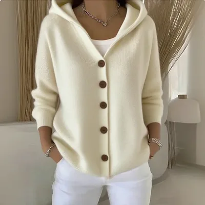 Ins Button Hooded Sweater Fashion Autumn And Winter Knitted Cardigan Casual Commuter Long Sleeve Top Women's Clothing Apricot - Shop at LoveMi