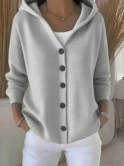 Ins Button Hooded Sweater Fashion Autumn And Winter Knitted Cardigan Casual Commuter Long Sleeve Top Women's Clothing Grey - Shop at LoveMi