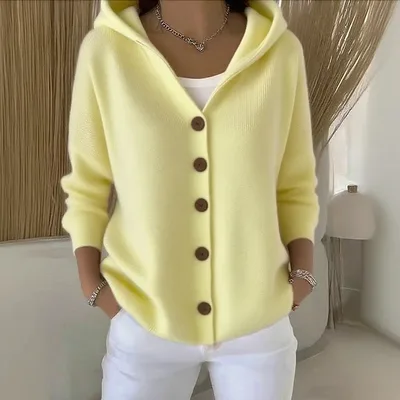 Ins Button Hooded Sweater Fashion Autumn And Winter Knitted Cardigan Casual Commuter Long Sleeve Top Women's Clothing Light Yellow - Shop at LoveMi