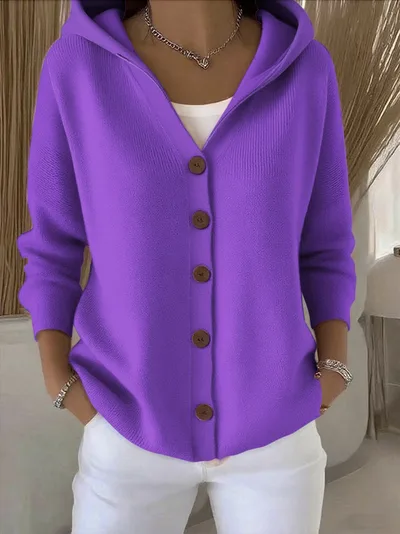 Ins Button Hooded Sweater Fashion Autumn And Winter Knitted Cardigan Casual Commuter Long Sleeve Top Women's Clothing Purple - Shop at LoveMi