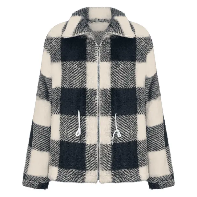 Women's Long sleeved Plaid Lapel Zipper Plush Coat Black - Shop at LoveMi