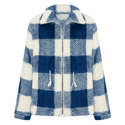 Women's Long sleeved Plaid Lapel Zipper Plush Coat Dark Blue - Shop at LoveMi