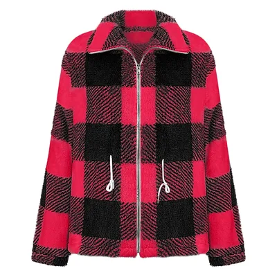 Women's Long sleeved Plaid Lapel Zipper Plush Coat Red - Shop at LoveMi