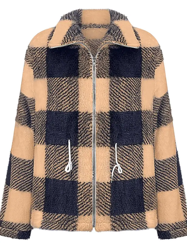 Women's Long sleeved Plaid Lapel Zipper Plush Coat Yellow - Shop at LoveMi