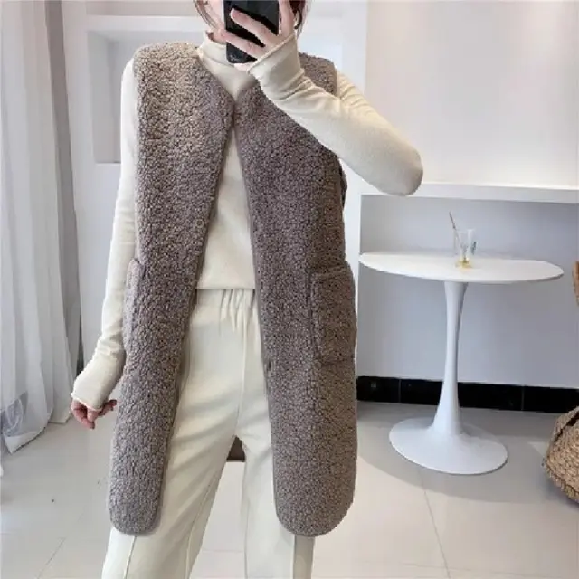 Lamb Wool Vest Mid length Fur Fashion All matching Khaki - Shop at LoveMi