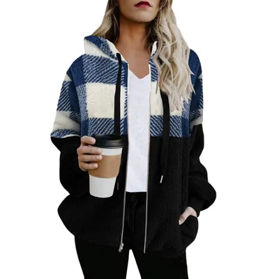 Plaid Color Matching Plush Hooded Sweater Zipper Jacket Blue And White Plaid - Shop at LoveMi