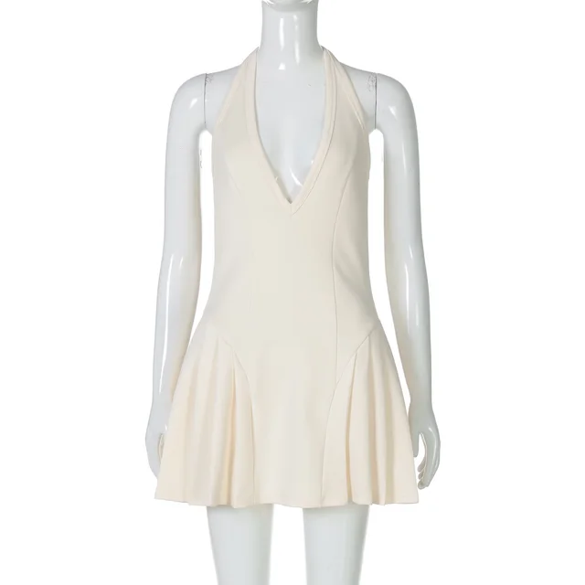 Summer Women's Clothing Deep V neck Halter Dress Apricot - Shop at LoveMi